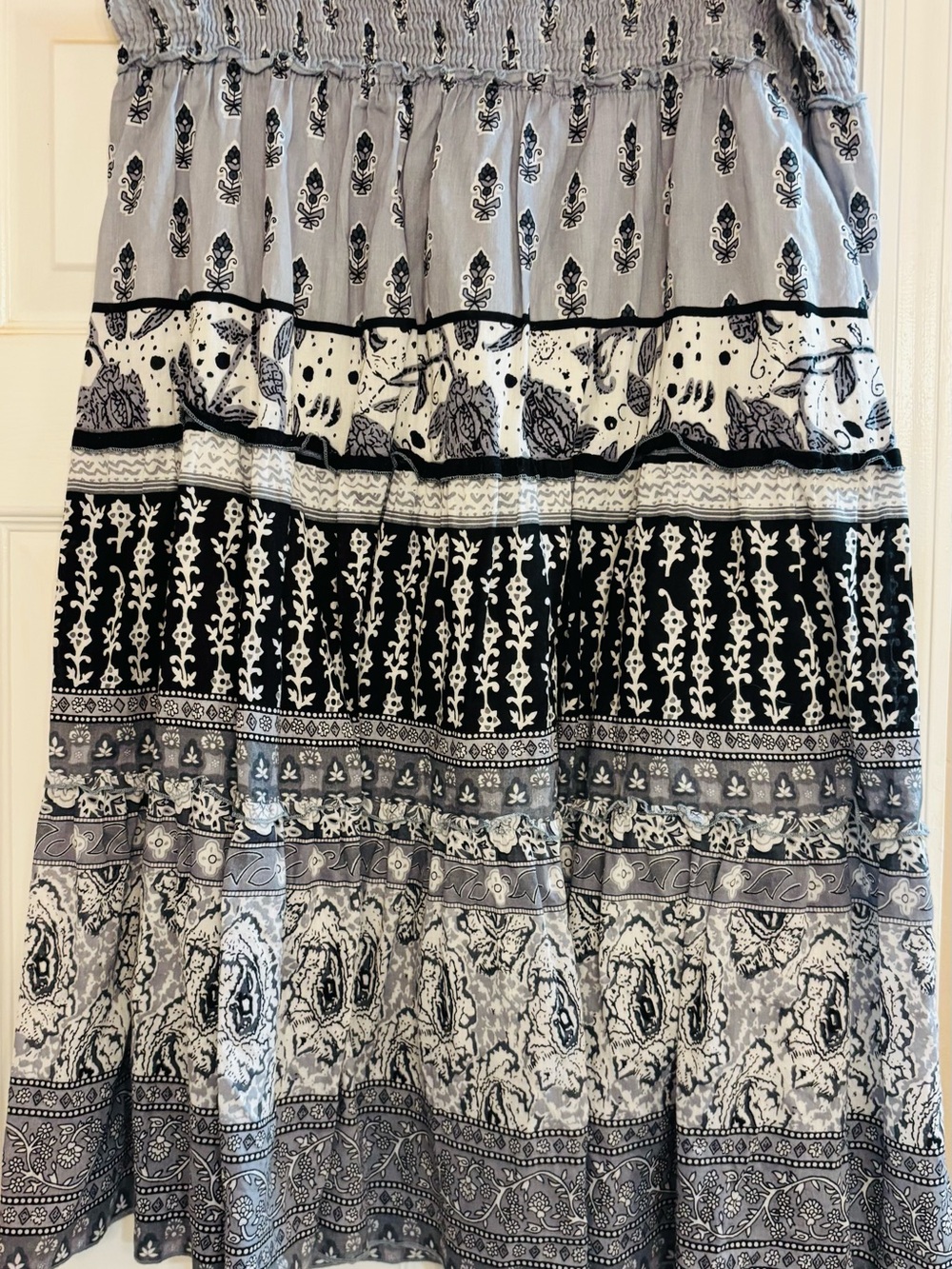Boho Tiered Midi Skirt in Black & White cotton large